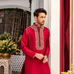 Affan Waheed look handsome in red kurta shalwar