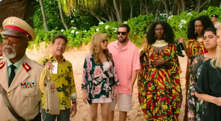 Adam Sandler, Jennifer Aniston, Kuhoo Verma, Jodie Turner-Smith, Zurin Villanueva, John Kani, Enrique Arce in Murder Mystery 2 Netflix Movie (2023)