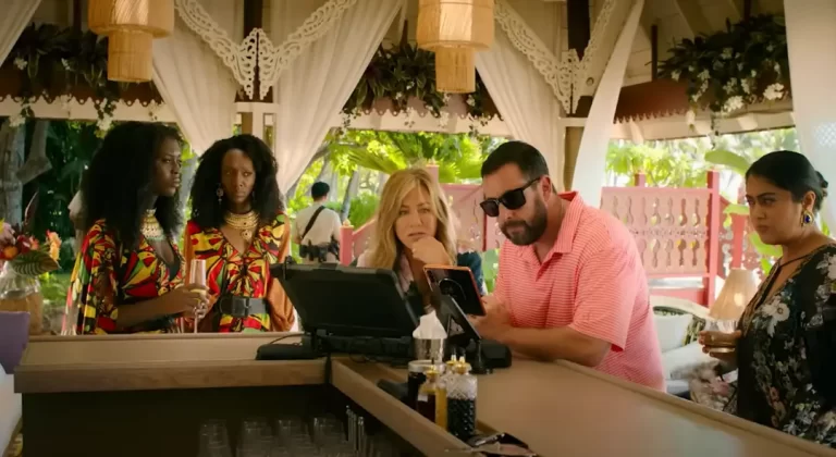 Adam Sandler, Jennifer Aniston, Kuhoo Verma, Jodie Turner-Smith, Zurin Villanueva in Murder Mystery 2 Netflix Movie (2023)