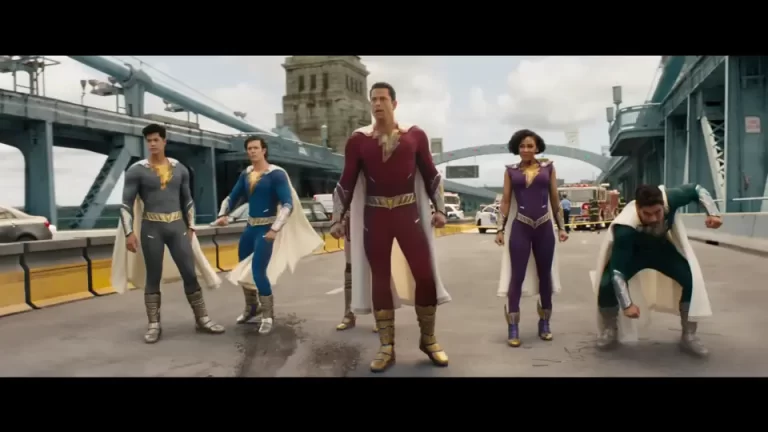 Adam Brody, Meagan Good, Zachary Levi, D.J. Cotrona, Grace Caroline Currey, and Ross Butler in Shazam 2 Fury of the Gods (2023)